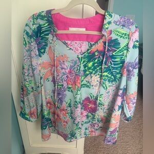 Anthropologie Pink and Green Graphic Blouse Relaxed Fit